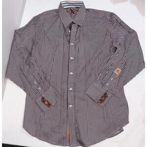 Robert Graham Men's‎ Embroidered Flip Cuff 100% Cotton Blue Stripe Shirt XL